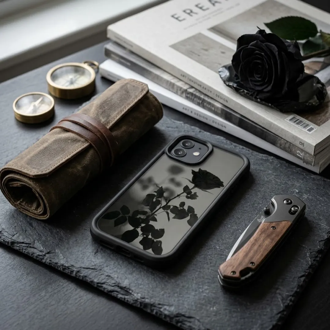 NUVEX iPhone 12 Hoesje - Zwart Transparant - Roos Print