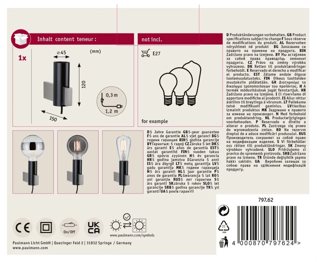 Paulmann Neordic Wandlamp Aik E27 20W - Zwart - afbeelding 6 van 6