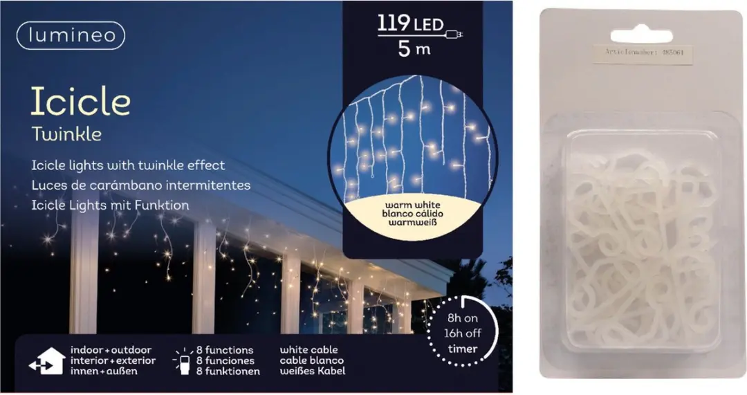 IJspegel verlichting warm wit buiten 119 lampjes met dakgoot haakjes