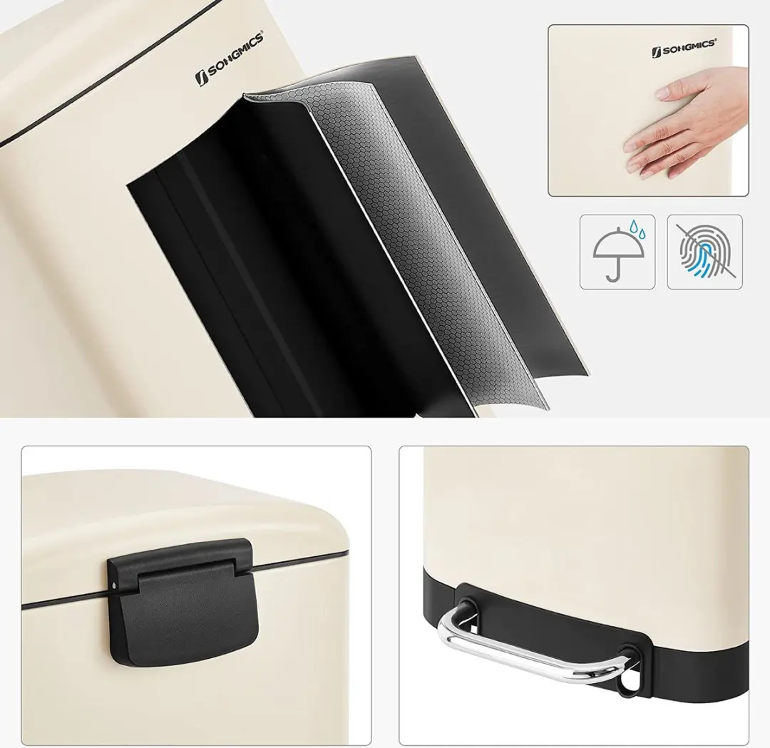 Songmics Pedaalemmer 30L Softclose - Cremewit - afbeelding 5 van 6