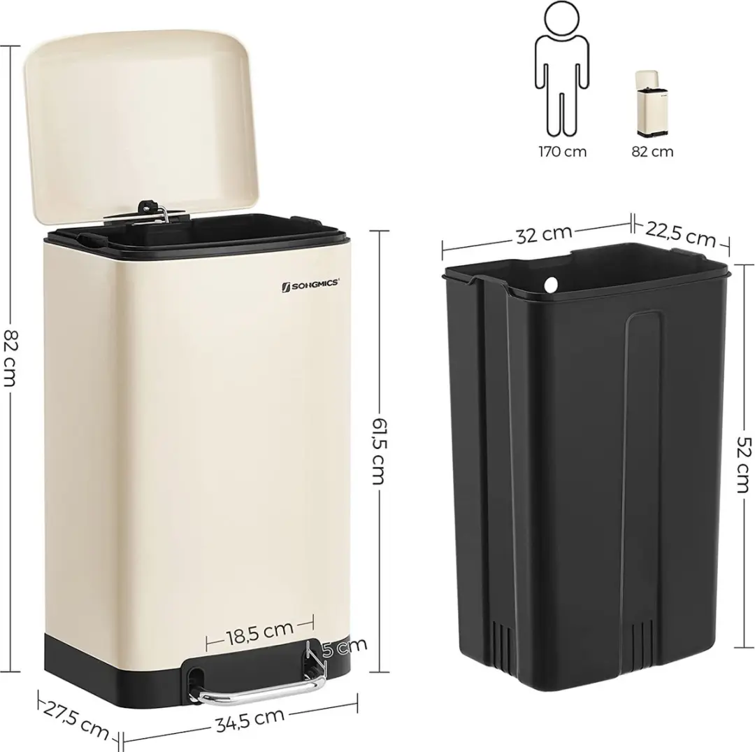 Songmics Pedaalemmer 30L Softclose - Cremewit - afbeelding 6 van 6
