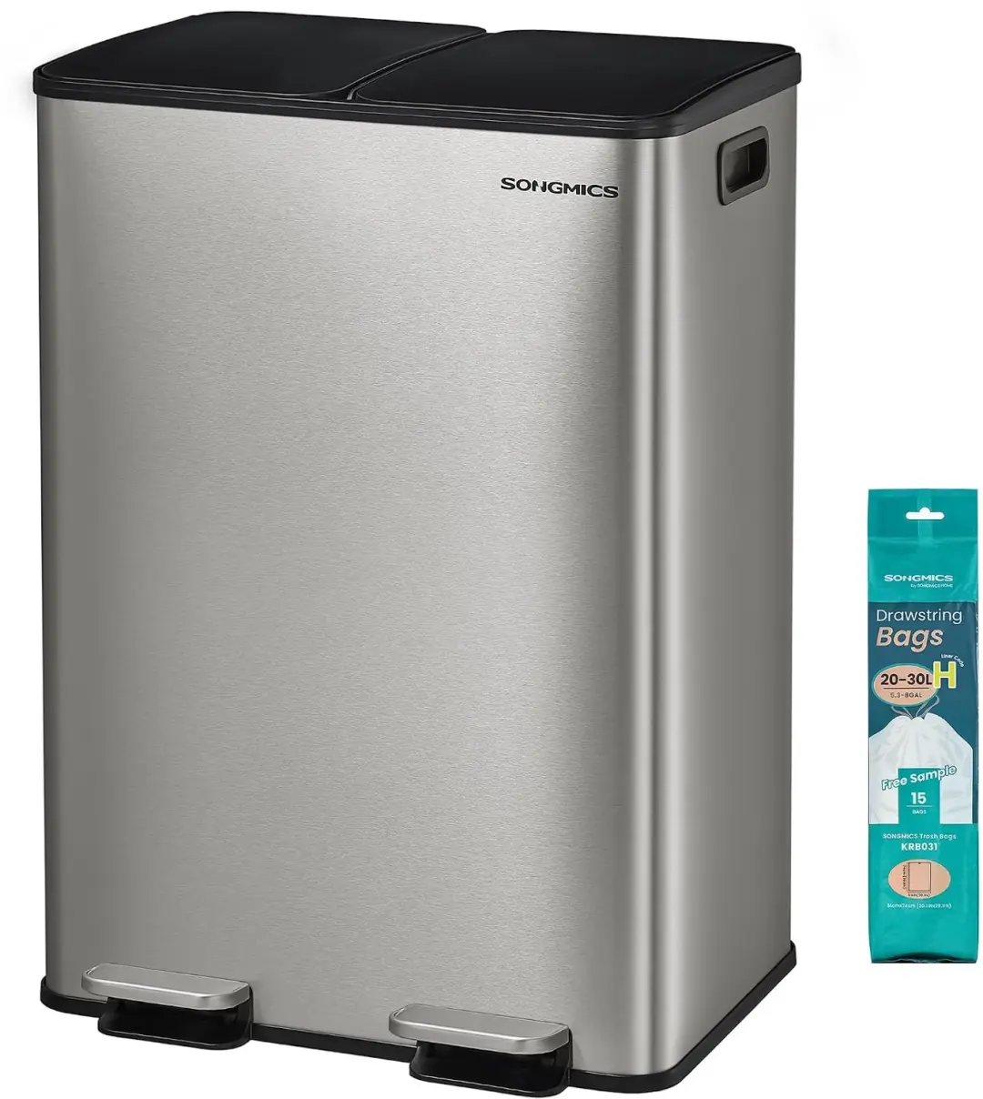 SONGMICS Afvalemmer keuken, 2 x 30 liter, 2 vakken, roestvrij staal Afvalemmer,