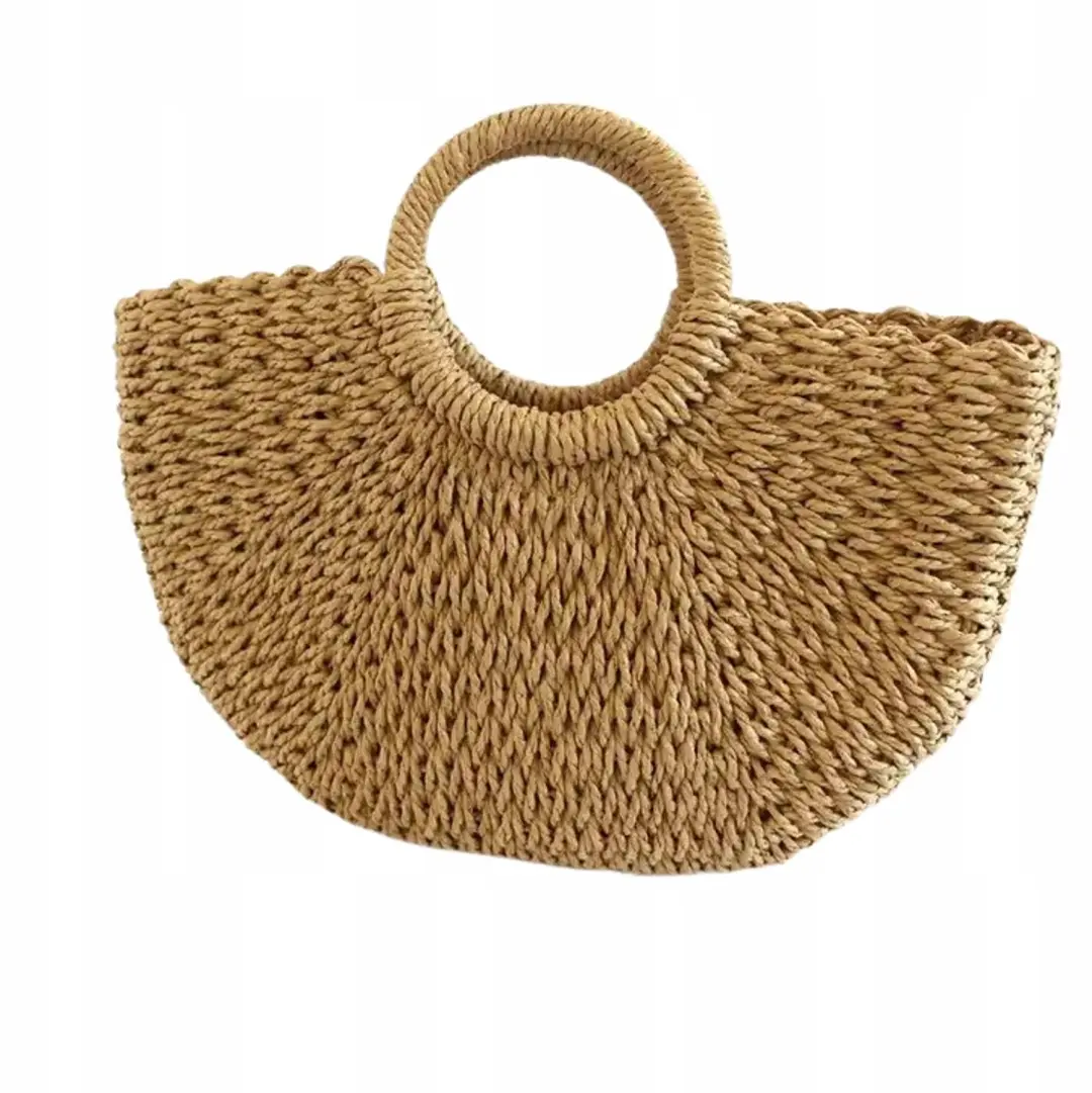 Grote gevlochten shopper tas met trekkoord sluiting, beige