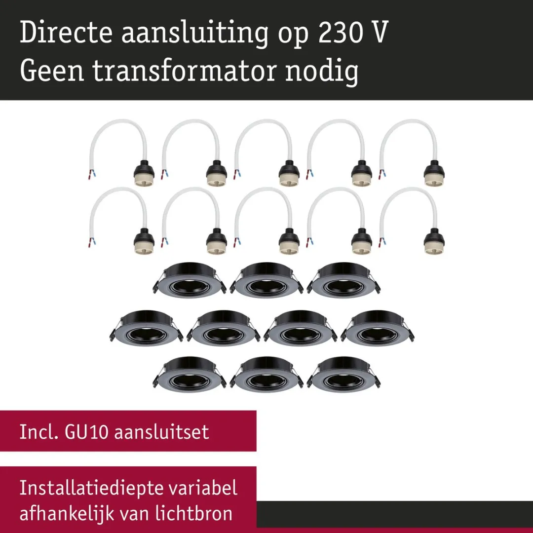 Paulmann Inbouwlamp Set 10x GU10 90mm - 10x10W - Zwart - afbeelding 6 van 6