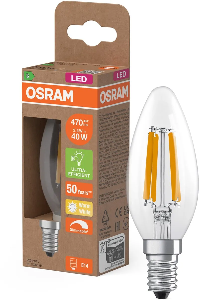 Osram LED-lamp Mini Kaars Classic B40 Filament 2,5W E14 - Warm wit