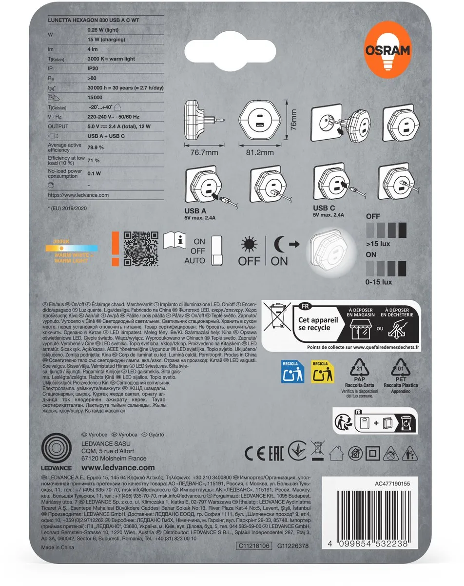 Osram Lunetta Hexagon Nachtlamp 5W Warm Wit - USB-A & USB-C