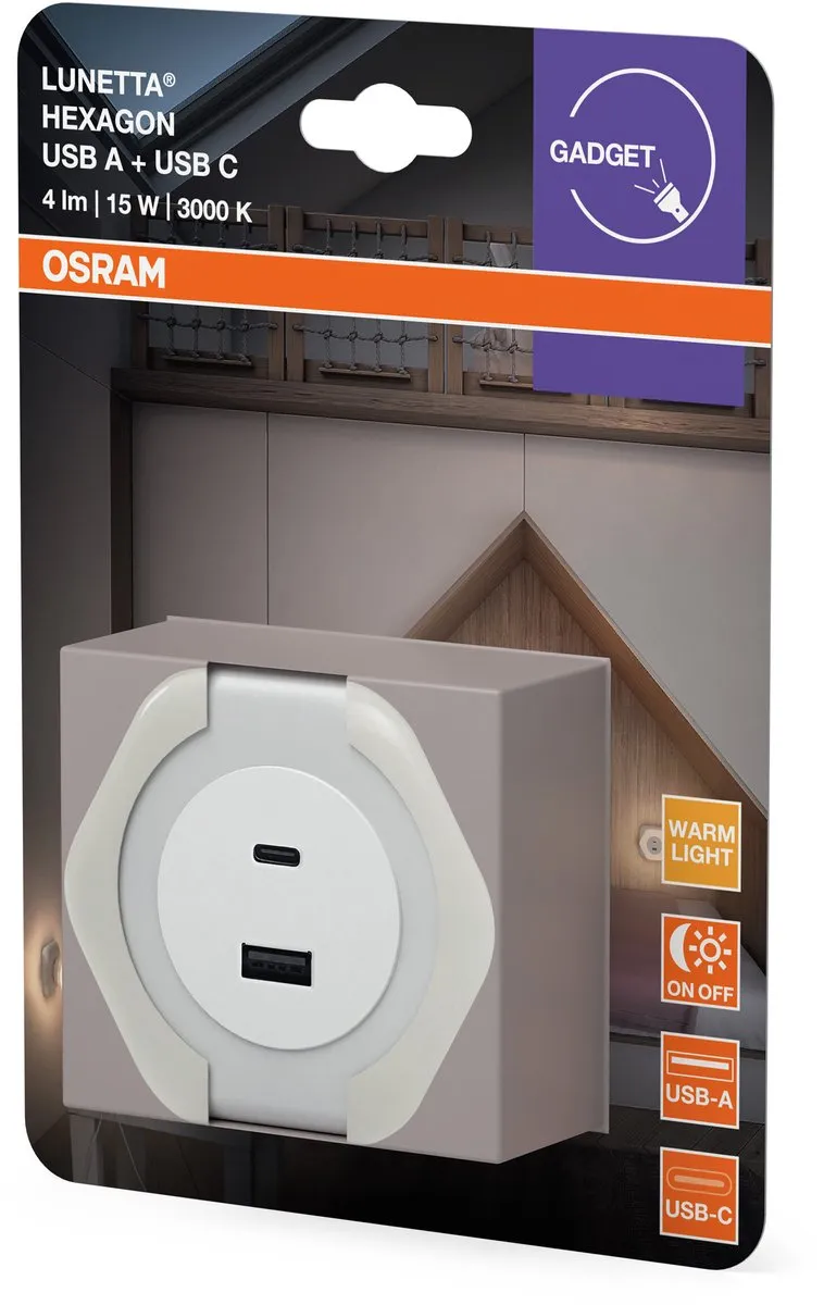 Osram Lunetta Hexagon Nachtlamp 5W Warm Wit - USB-A & USB-C - afbeelding 6 van 6