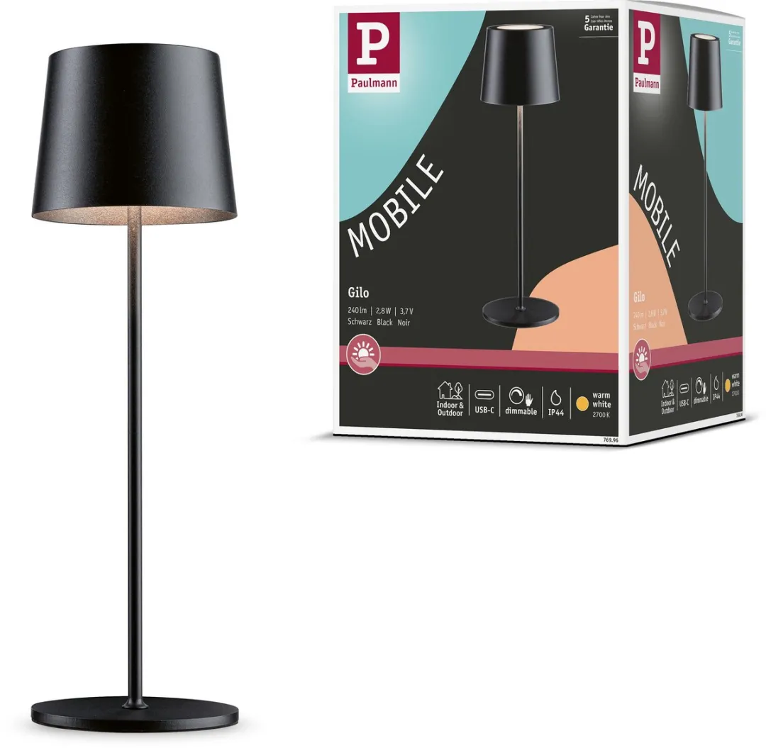 Paulmann Acculamp Gilo IP44 2700K - Zwart mat