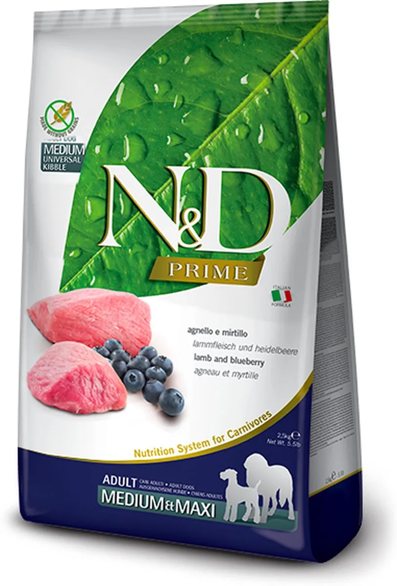 Farmina N&D Prime Adult Medium & Maxi Lam & Bosbes 2,5kg