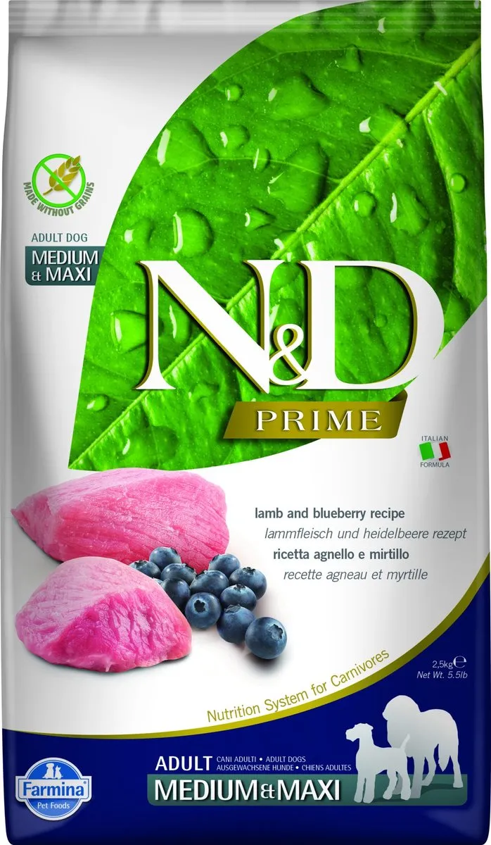 Farmina N&D Prime Adult Medium & Maxi Lam & Bosbes 2,5kg