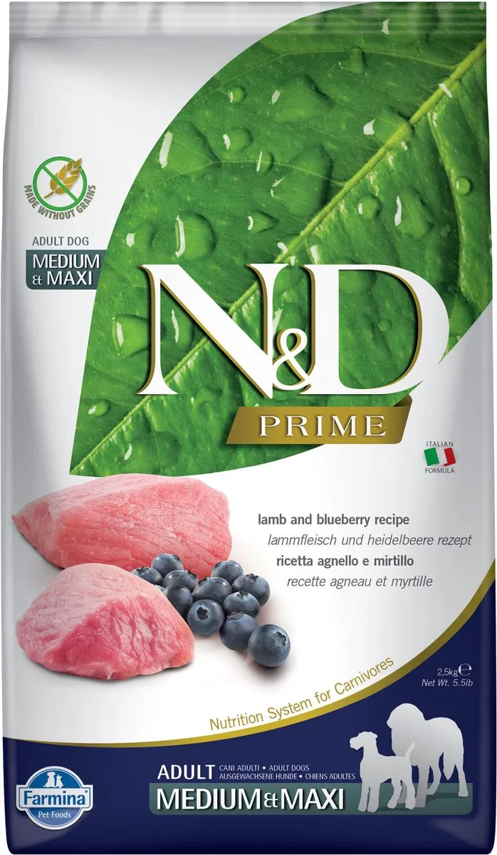Farmina N&D Prime Adult Medium & Maxi Lam & Bosbes 2,5kg
