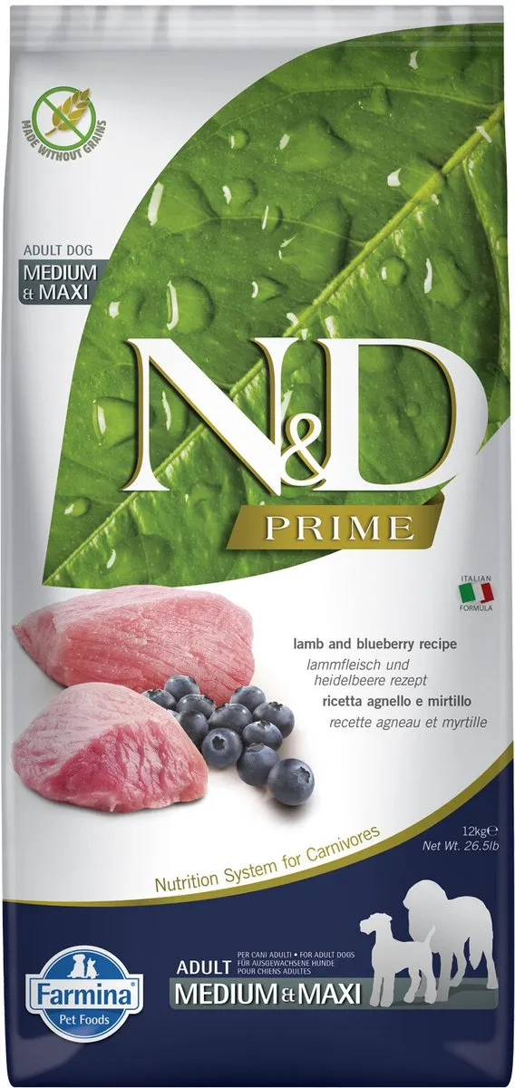 Farmina N&D Prime Adult Medium & Maxi Lam & Bosbes 2,5kg