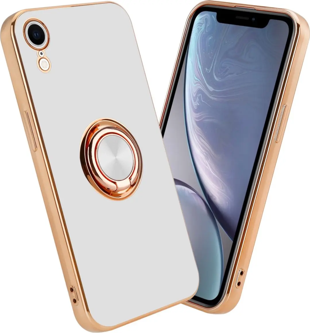 Cadorabo Hoesje geschikt voor Apple iPhone XR in Glossy Wit - Goud met ring - Beschermhoes van flexibel TPU-silicone Case Cover met camerabescherming en magnetische autohouder