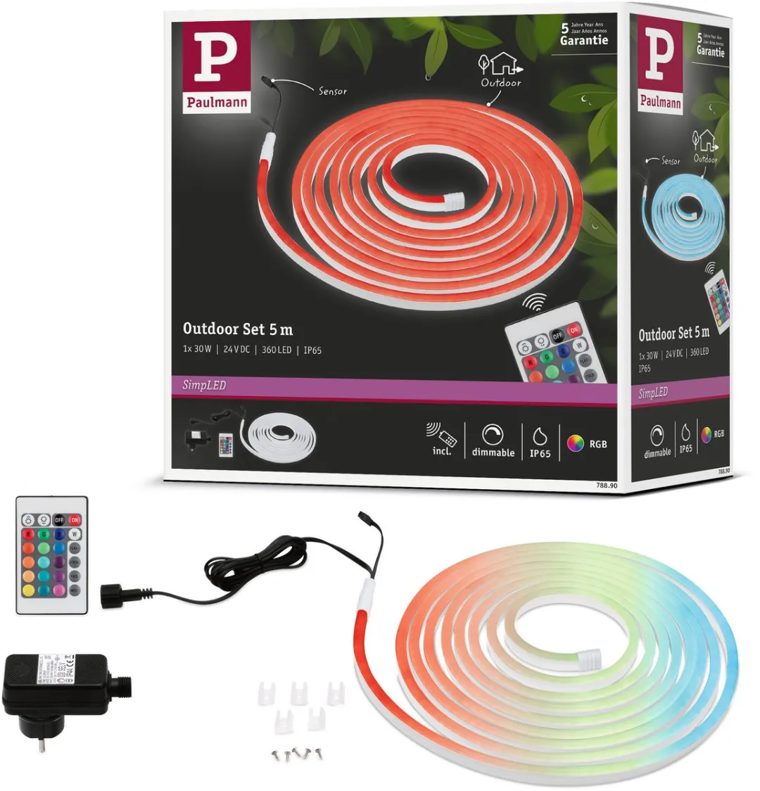 SimpLED LED Strip Outdoor Volledige set 5m gecoat IP65 30W 72lm/m 72 LEDs/m RGB