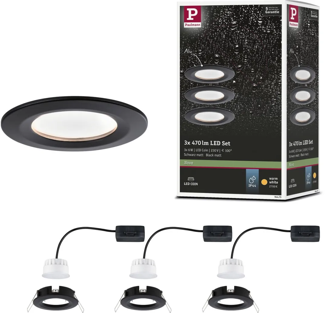 Paulmann Nova Coin Basisset LED-inbouwlamp 3x6W 470lm 2700K - Zwart mat