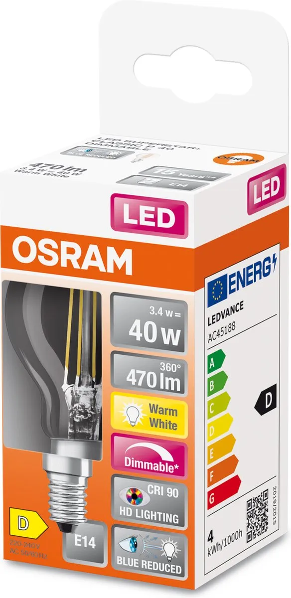 Osram E14 LED Lamp 3.4W 2700K - Warm wit - Helder glas