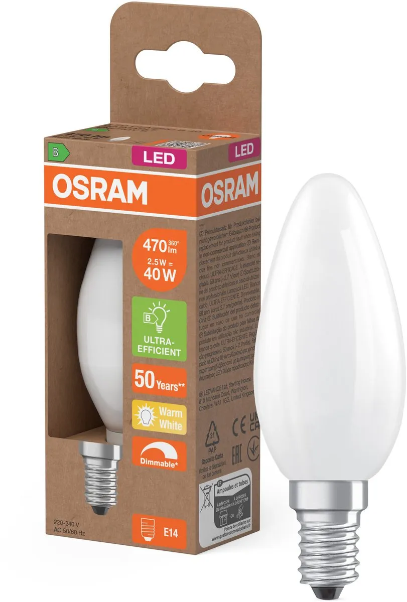 Osram LED-lamp Mini Kaars Classic B40 Filament 2,5W E14 - Mat
