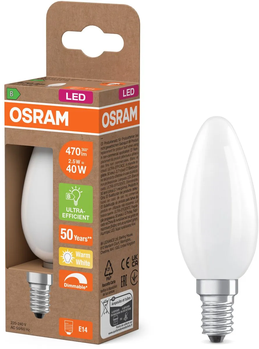 Osram LED-lamp Mini Kaars Classic B40 Filament 2,5W E14 - Mat