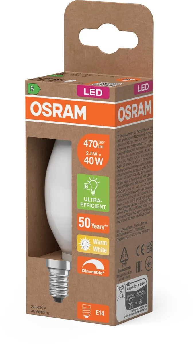 Osram LED-lamp Mini Kaars Classic B40 Filament 2,5W E14 - Mat