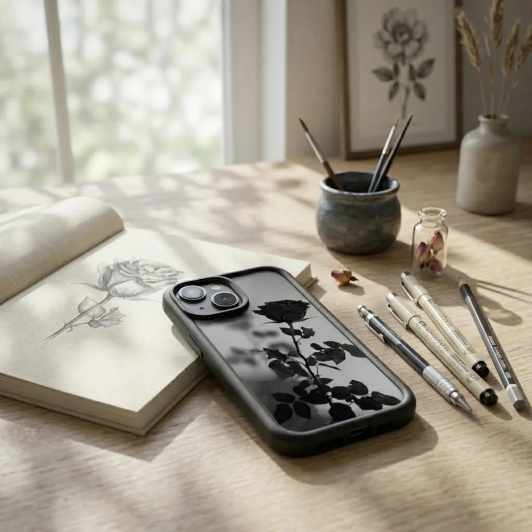 NUVEX iPhone 14 Hoesje - Zwart Transparant - Roos Print