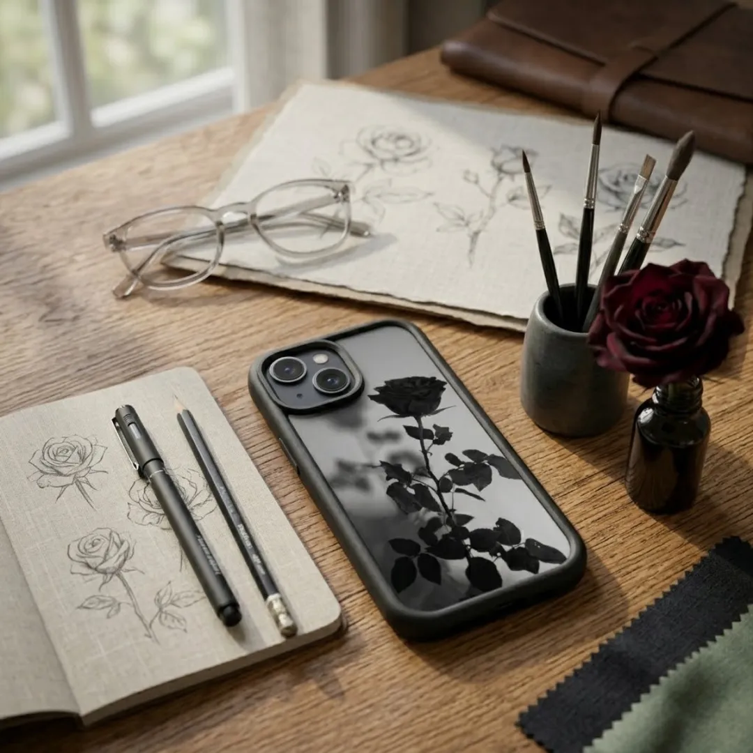 NUVEX iPhone 14 Hoesje - Zwart Transparant - Roos Print