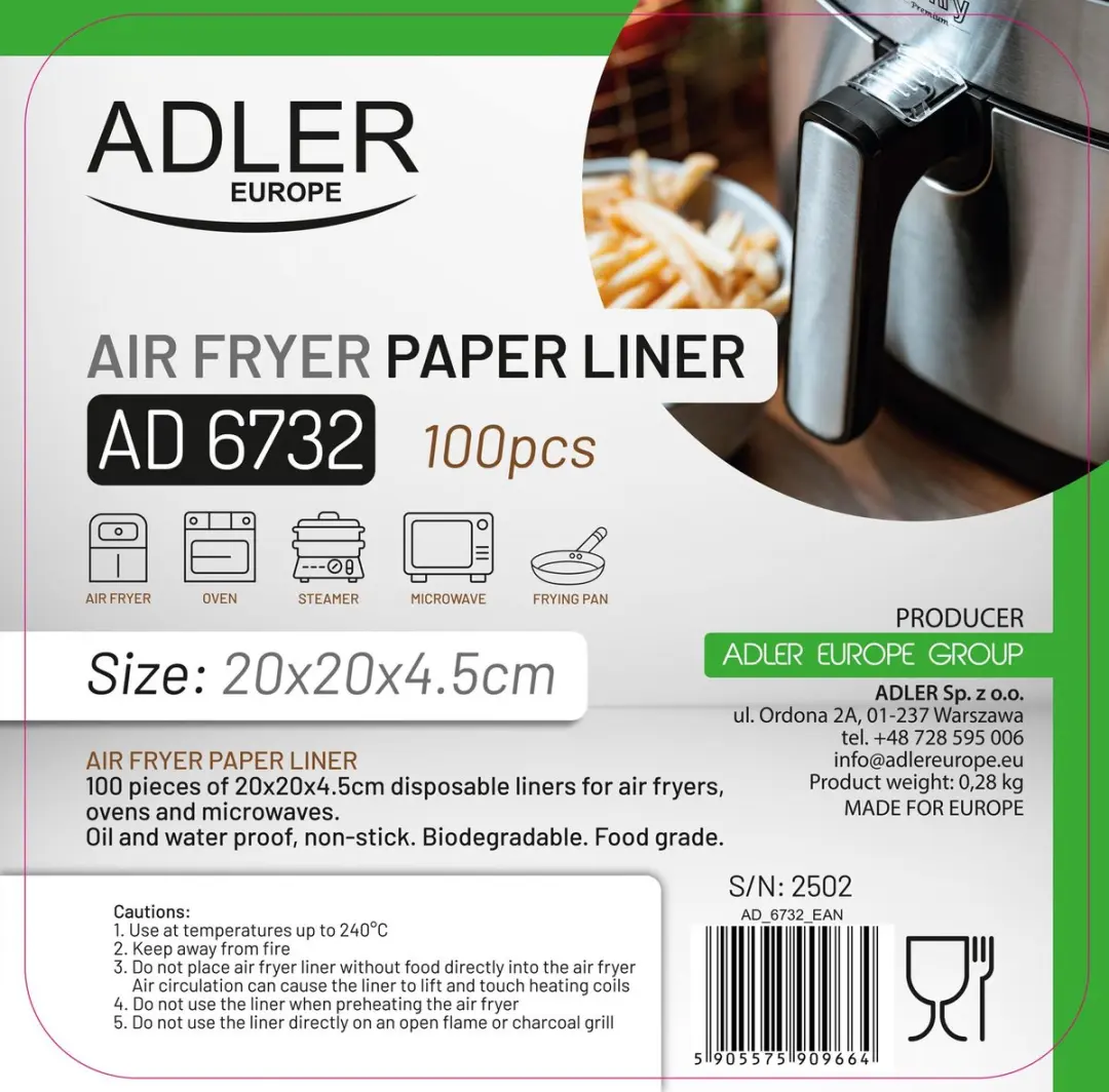 Adler AD 6732 Papieren Inzetstuk voor Airfryer - 20cm - 100 stuks - afbeelding 4 van 6