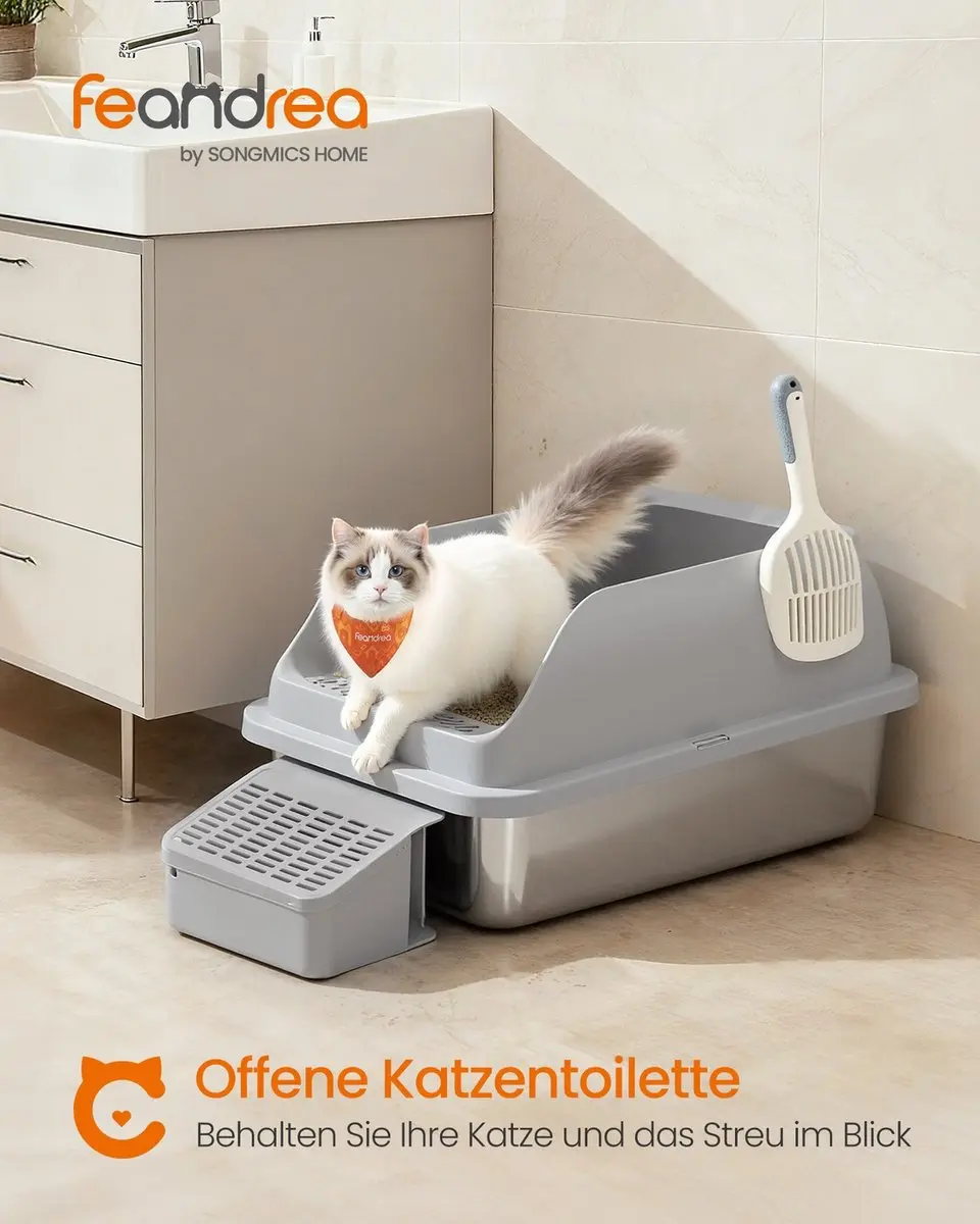 Feandrea Kattenbak RVS Met Hoge Rand - Leigrijs - afbeelding 4 van 6