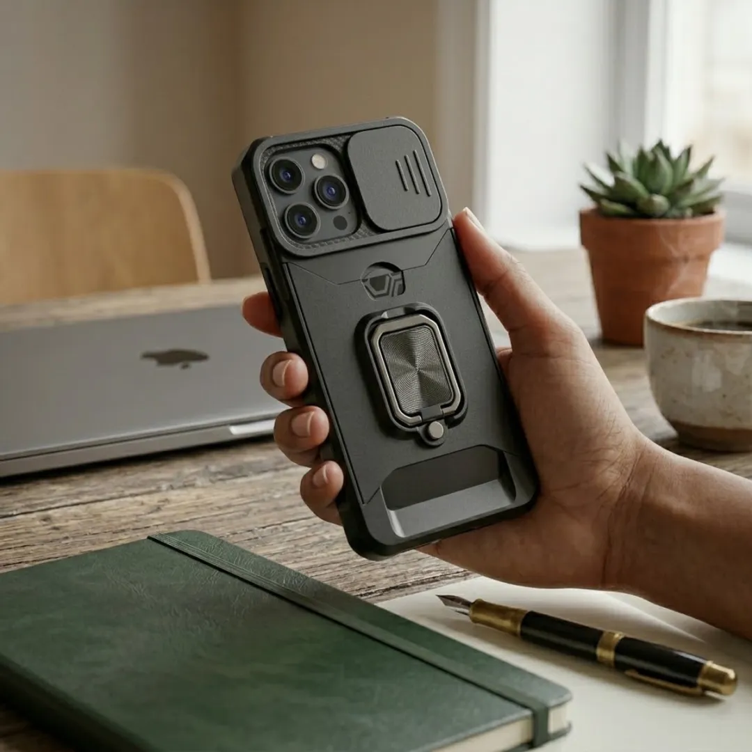 NUVEX iPhone 15 Pro Hoesje - Zwart - Schokbestendig met metalen standaard