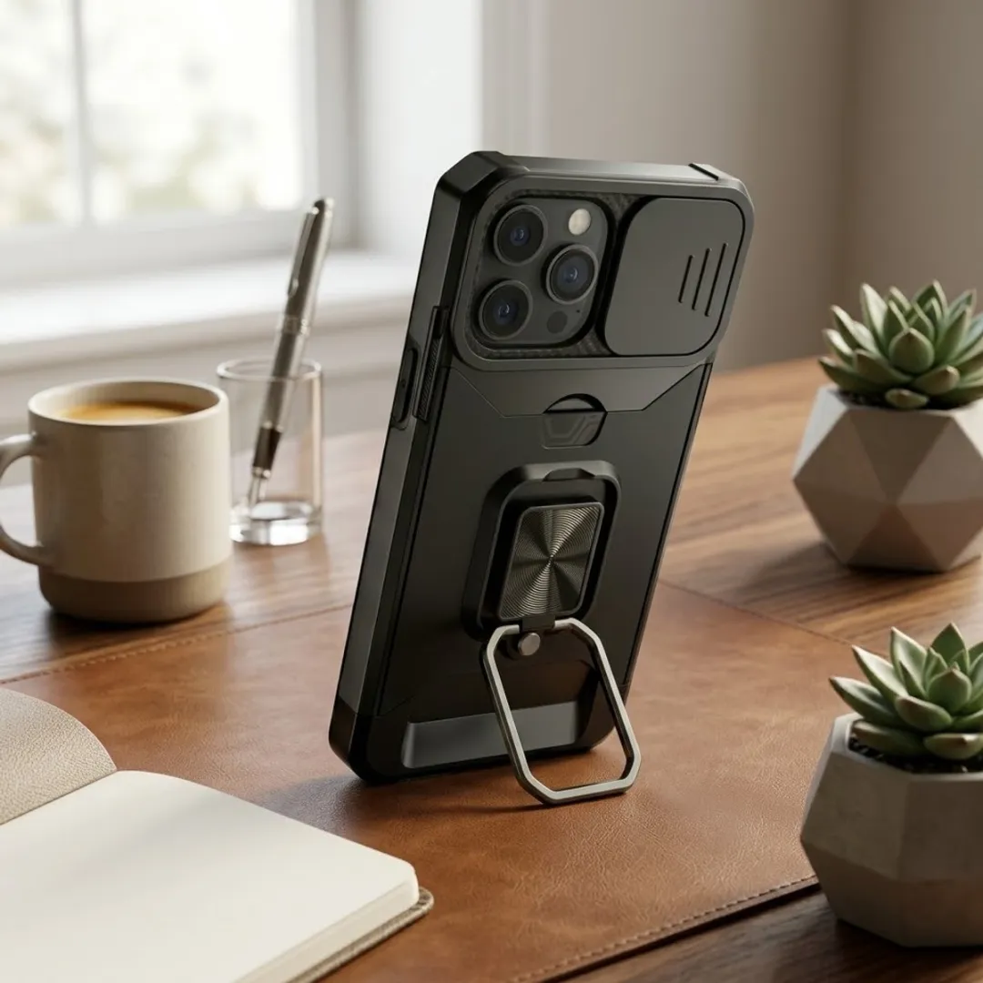 NUVEX iPhone 15 Pro Hoesje - Zwart - Schokbestendig met metalen standaard