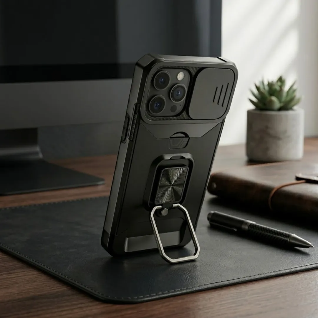 NUVEX iPhone 15 Pro Hoesje - Zwart - Schokbestendig met metalen standaard