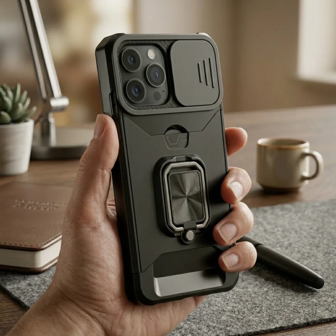 NUVEX iPhone 15 Pro Hoesje - Zwart - Schokbestendig met metalen standaard