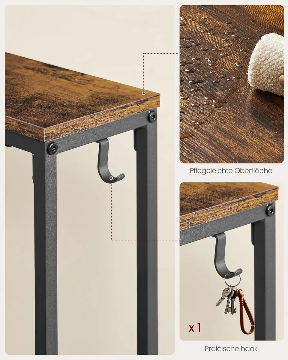 Songmics Smalle Consoletafel met Oplaadstation en Haken - Zwart - afbeelding 4 van 6