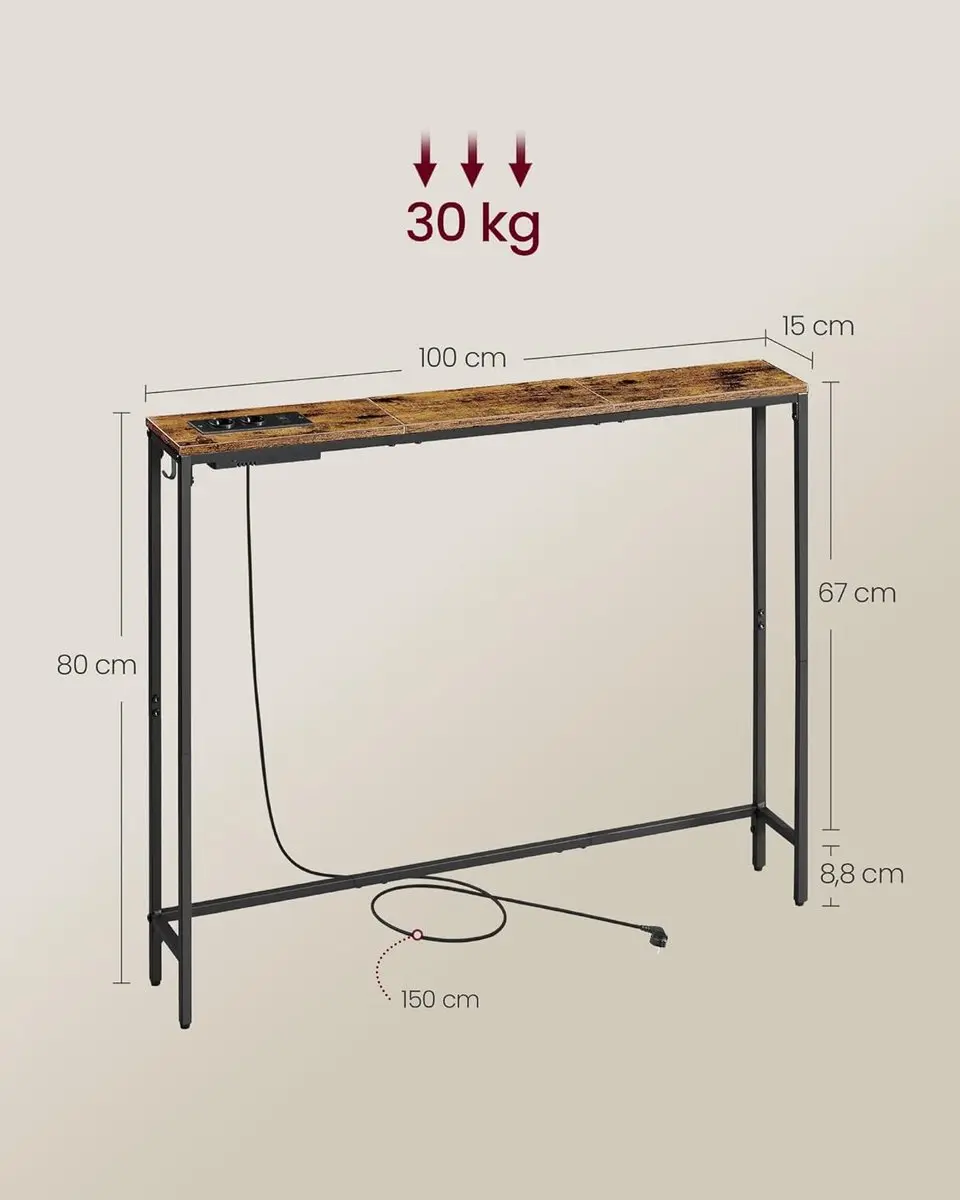 Songmics Smalle Consoletafel met Oplaadstation en Haken - Zwart - afbeelding 5 van 6