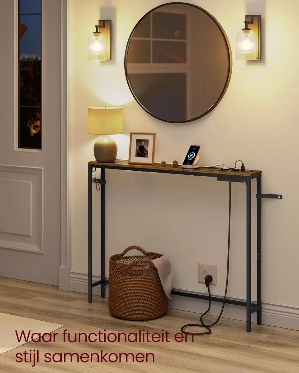 Songmics Smalle Consoletafel met Oplaadstation en Haken - Zwart - afbeelding 3 van 6