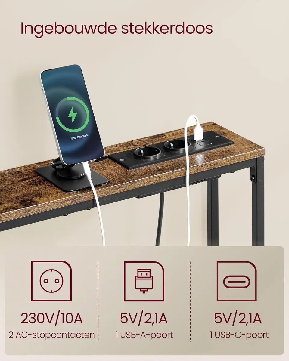 Songmics Smalle Consoletafel met Oplaadstation en Haken - Zwart - afbeelding 2 van 6