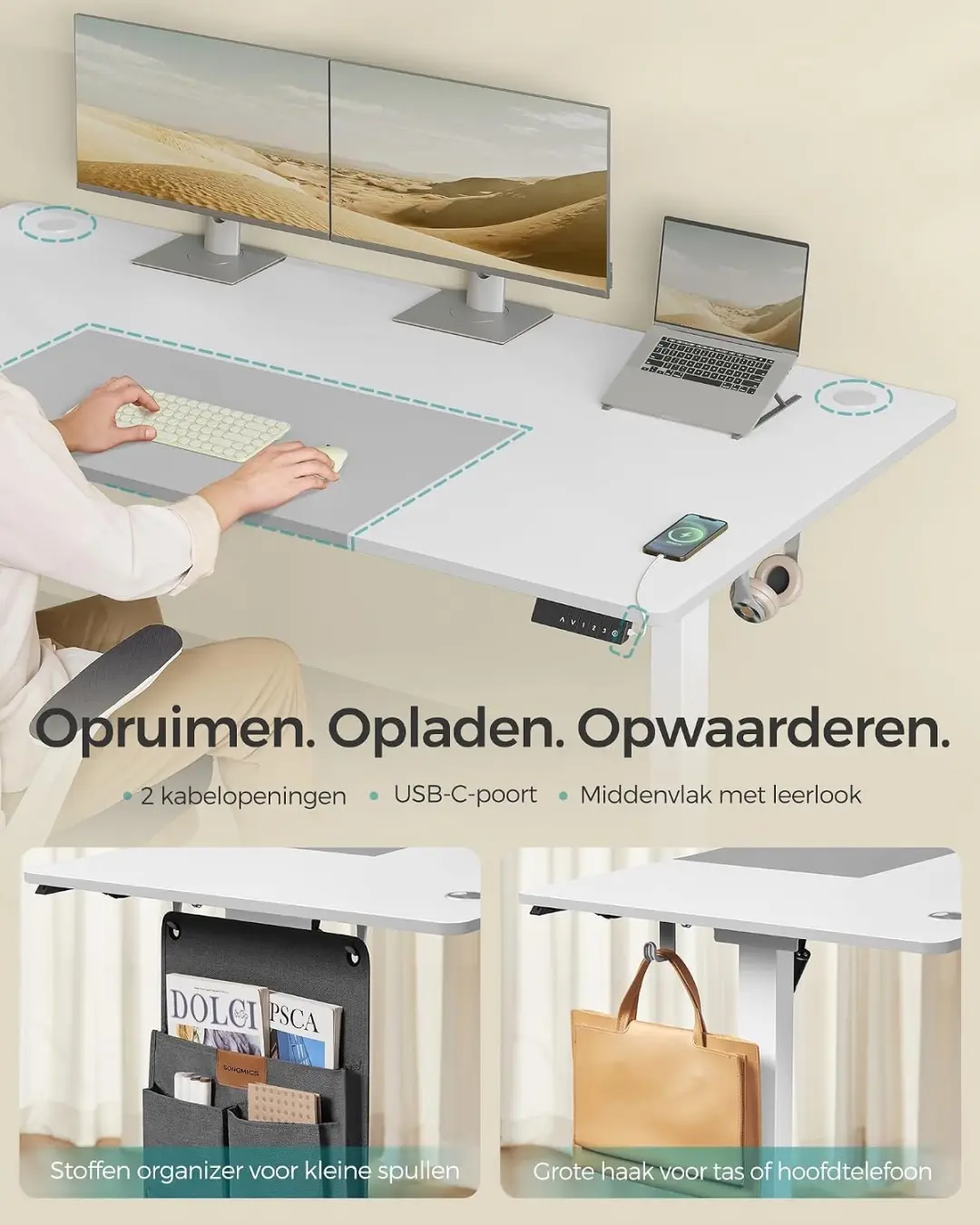 Songmics Elektrisch Bureau 180x80cm - Wolkenwit-Duifgrijs - afbeelding 3 van 6