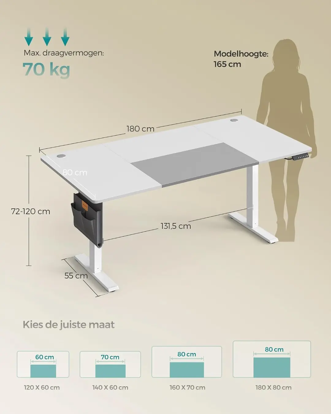 Songmics Elektrisch Bureau 180x80cm - Wolkenwit-Duifgrijs - afbeelding 2 van 6