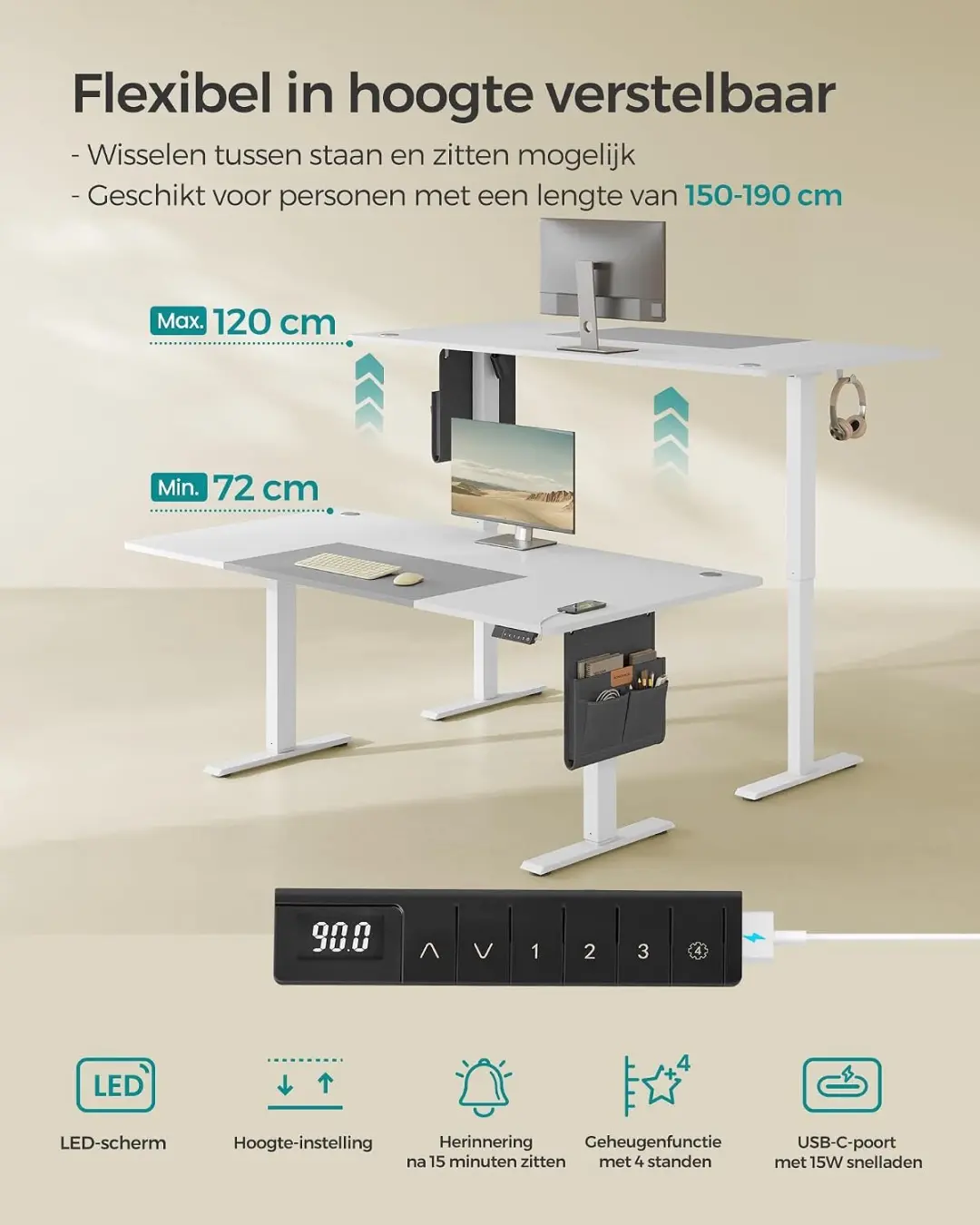 Songmics Elektrisch Bureau 180x80cm - Wolkenwit-Duifgrijs - afbeelding 5 van 6