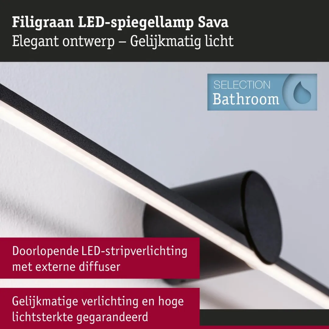Paulmann LED Spiegellamp Sava IP44 3000K 500lm - Zwart mat