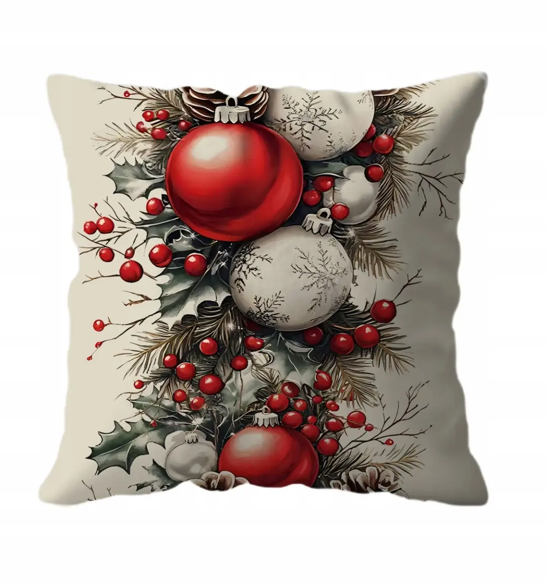 Kerst Kussenhoes 40x40cm, Kerstballen Beige Achtergrond