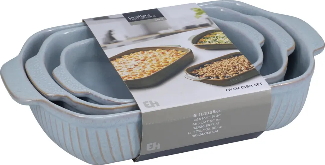 Excellent houseware- ovenschalen set-blauw-3 schalen- 2 designs