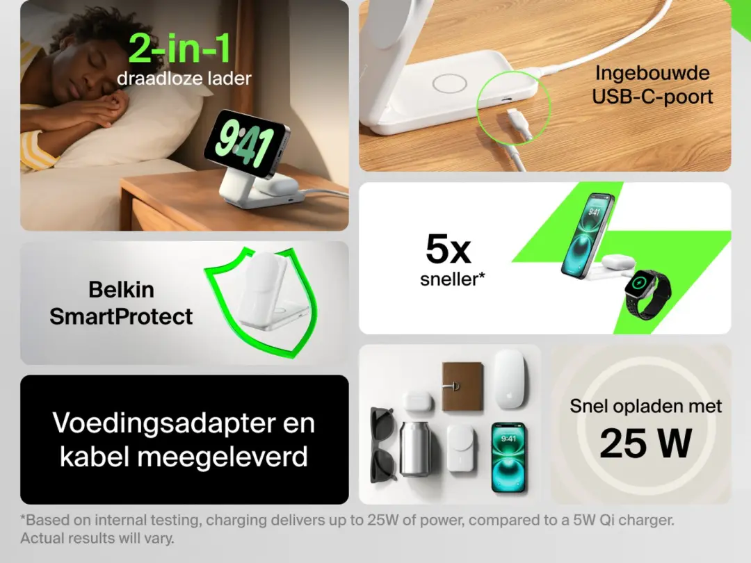 Belkin UltraCharge 2-in-1 WIZ038kqWH Draadloze Oplader - Wit - afbeelding 4 van 6