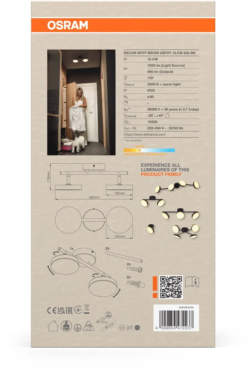 Osram Decor Spot Moon 2Spot LED - 10,5W 560lm 3000K - Zwart