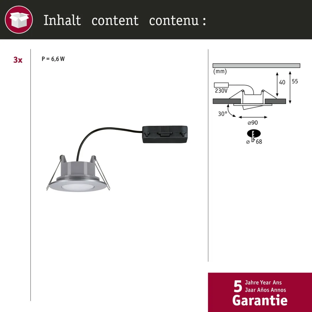 Paulmann LED-inbouwlamp Calla Basisset 3x5,2W 460lm 90mm - 4000K Chroom mat - afbeelding 6 van 6