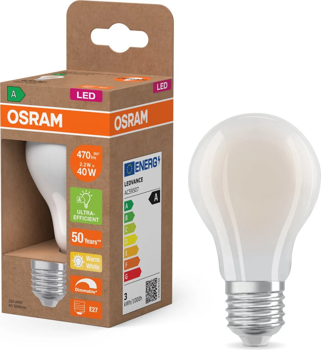 Osram Energy Class LED-lamp E27 2,2W 470lm Warm Wit - Helder Glas