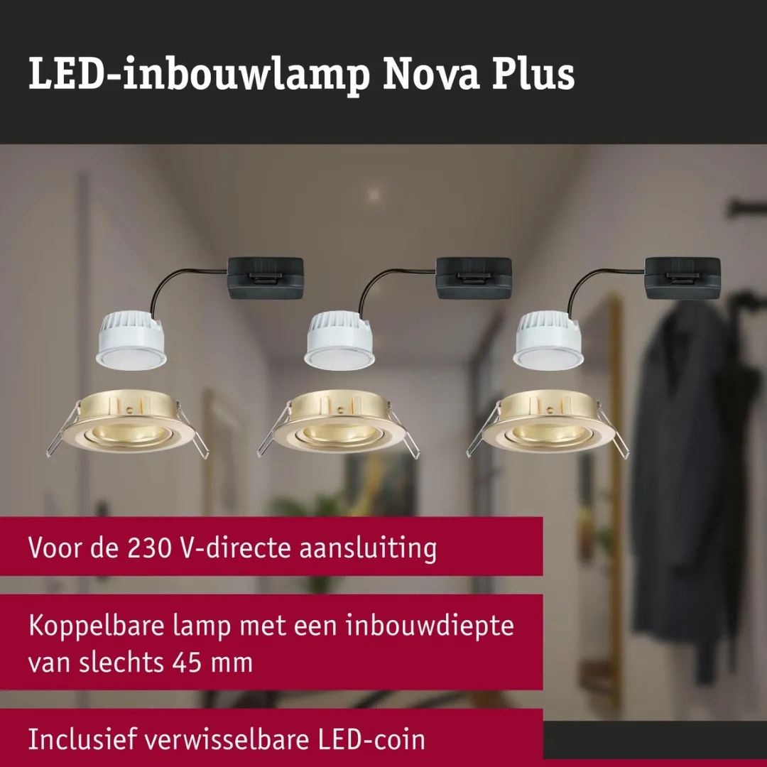Paulmann Nova Plus LED-inbouwlampen Set 3x - 30° GU10 6W 460lm - Goud mat - afbeelding 6 van 6