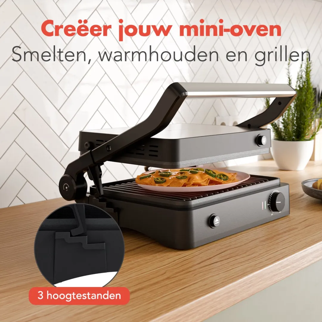 KitchenBrothers KB1004086 Contactgrill 2000W - 2 Sandwiches - 4 Wafels - Zwart/RVS