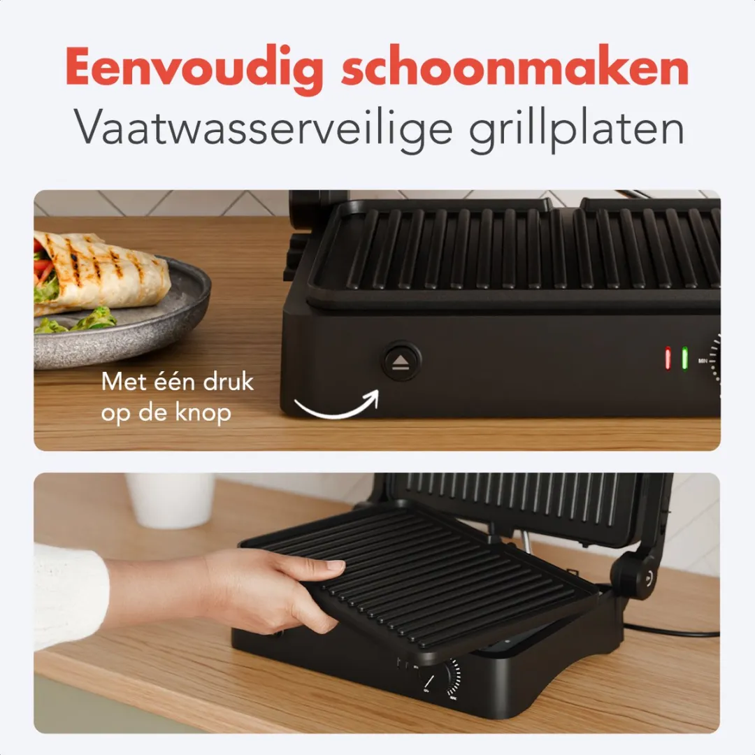 KitchenBrothers KB1004086 Contactgrill 2000W - 2 Sandwiches - 4 Wafels - Zwart/RVS