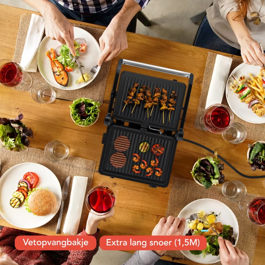 KitchenBrothers KB1004086 Contactgrill 2000W - 2 Sandwiches - 4 Wafels - Zwart/RVS