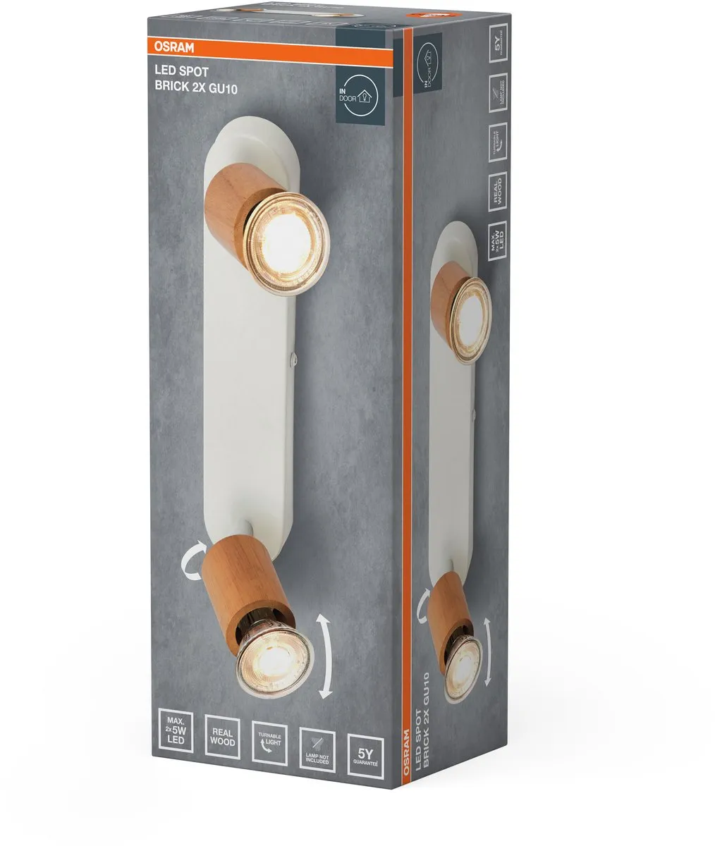 Osram LED Spot Brick Plafondlamp 2xGU10 - Warm wit - Wit/Hout